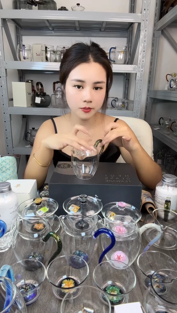 水晶玻璃无盖款毛禾器 黑金奉珠茶漏 普通盒
