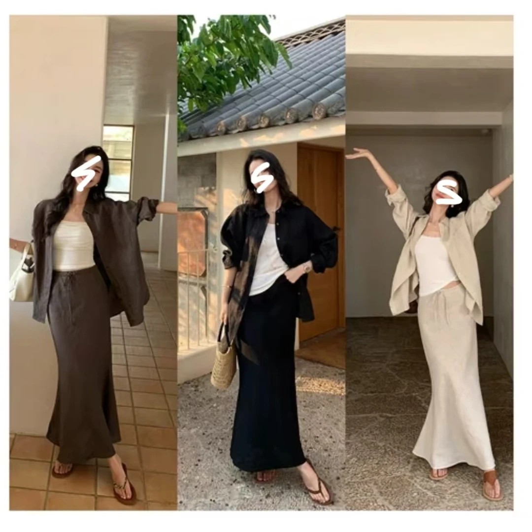 老钱亚麻套装松弛感长袖衬衫女防晒衬衣半身裙斜裁鱼尾裙