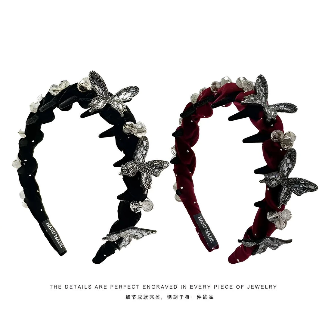 秋冬绒布灵动蝴蝶齿梳发箍百搭水钻可调节发箍小香风韩版镶砖蝴蝶