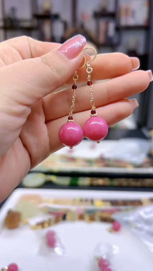 【闪购商品】菱锰矿（红纹石）耳坠14K金镶嵌E613