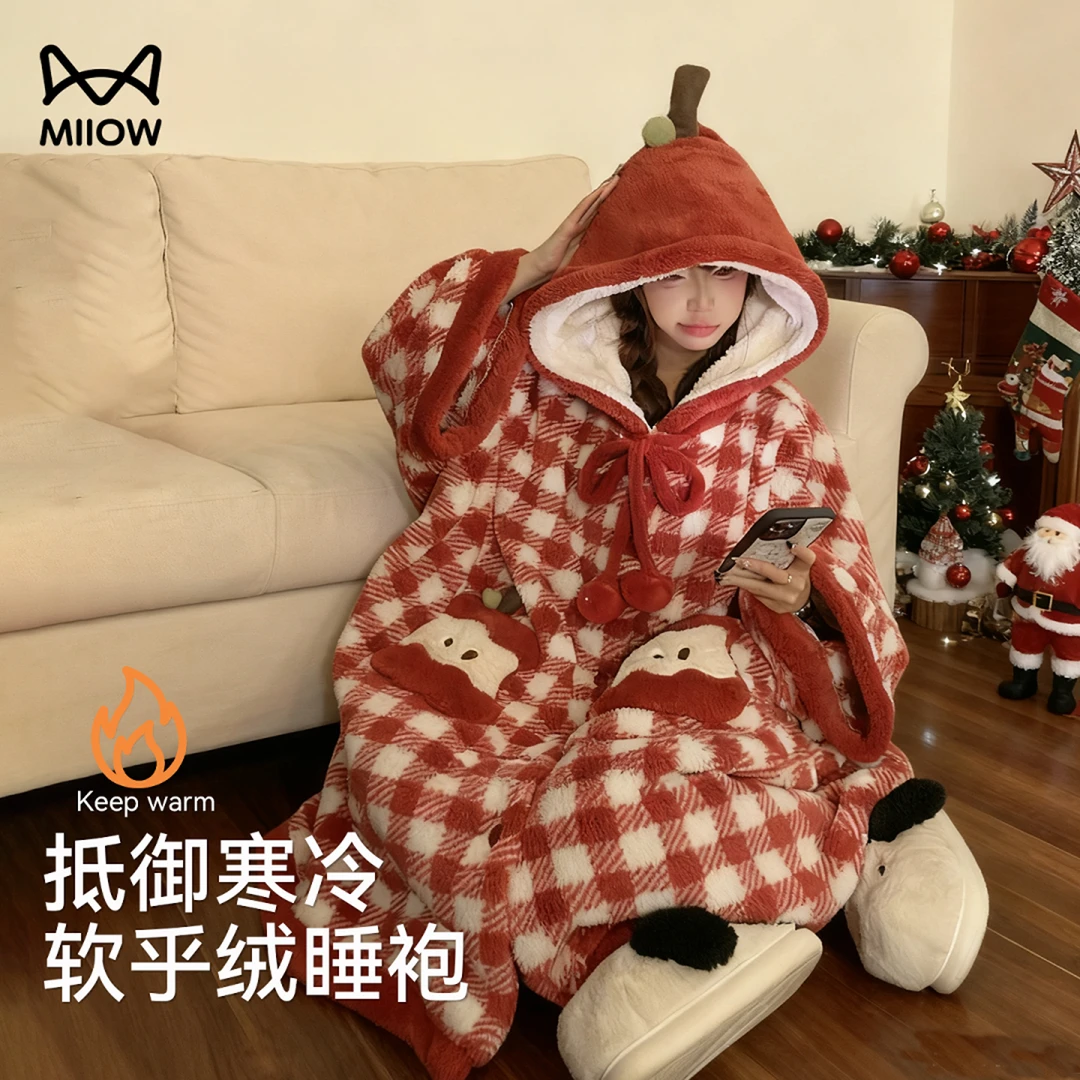 猫人珊瑚绒斗篷睡衣女款红色秋冬季圣诞苹果可爱法兰绒睡袍家居服