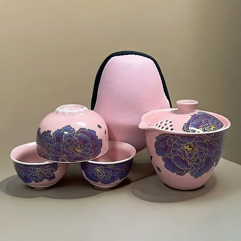 旅行套高端紫色茶壶旅行茶具-粉汝变色牡丹（一壶三杯）茶具2675