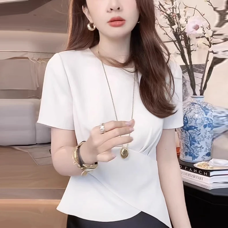 高级感法式小众不规则收腰衬衫女夏季新款设计感洋气时尚圆领上衣