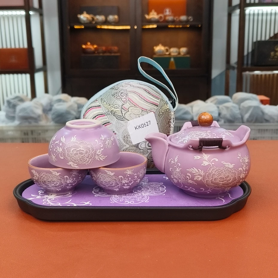 KZH0100-紫汝描银牡丹旅行套加茶盘