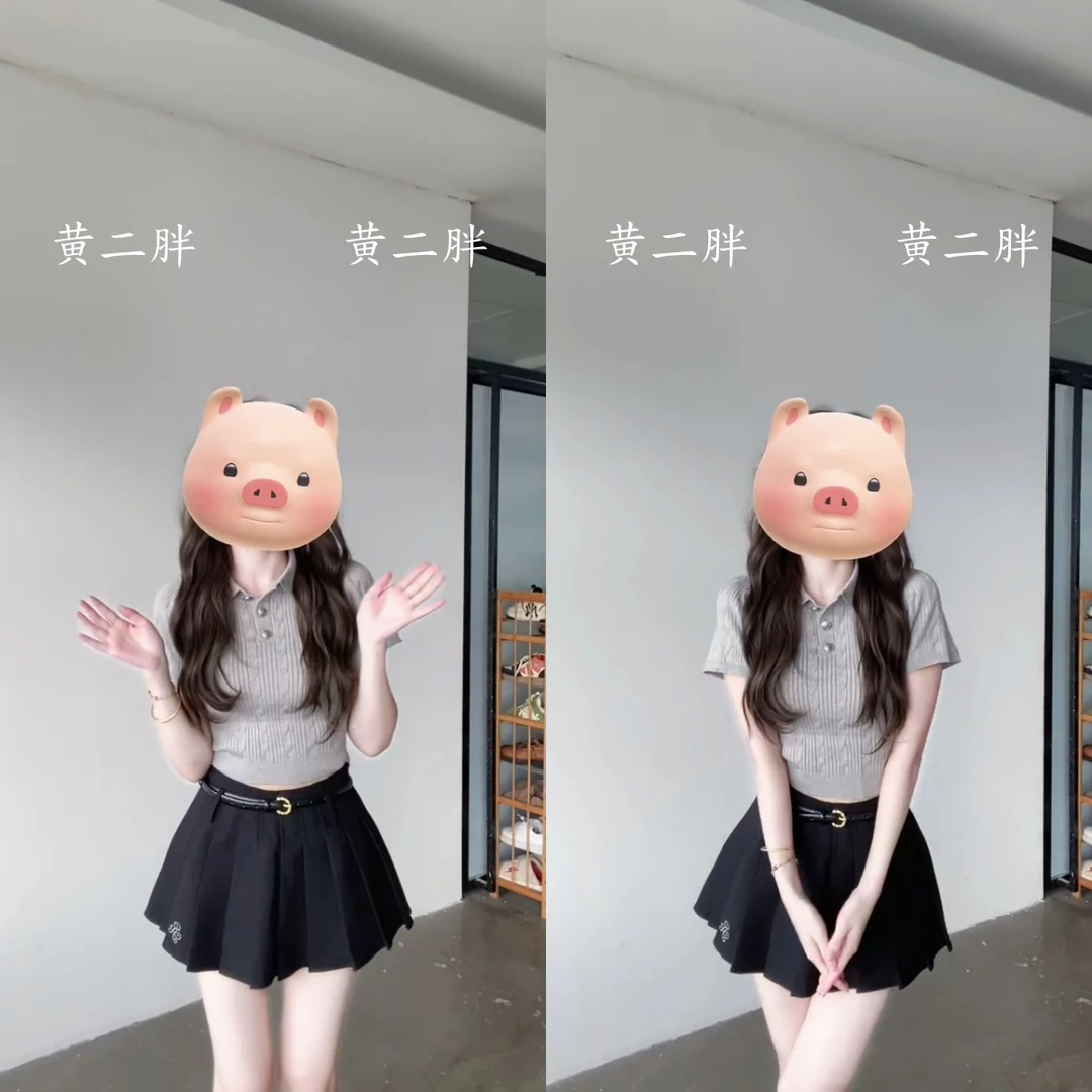 韩系灰色polo领刺绣短袖t恤女夏季针织短款翻领上衣+裙子套装