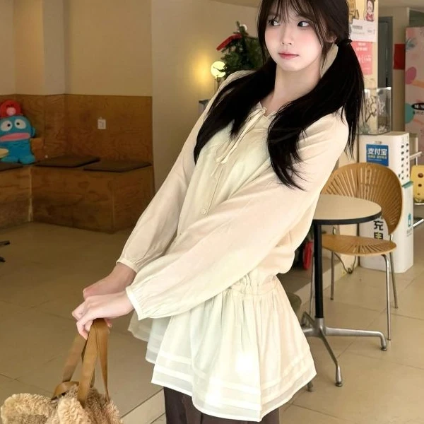 2025春季韩系甜美木耳边别致收腰衬衣女小个子设计感抽绳系带上衣