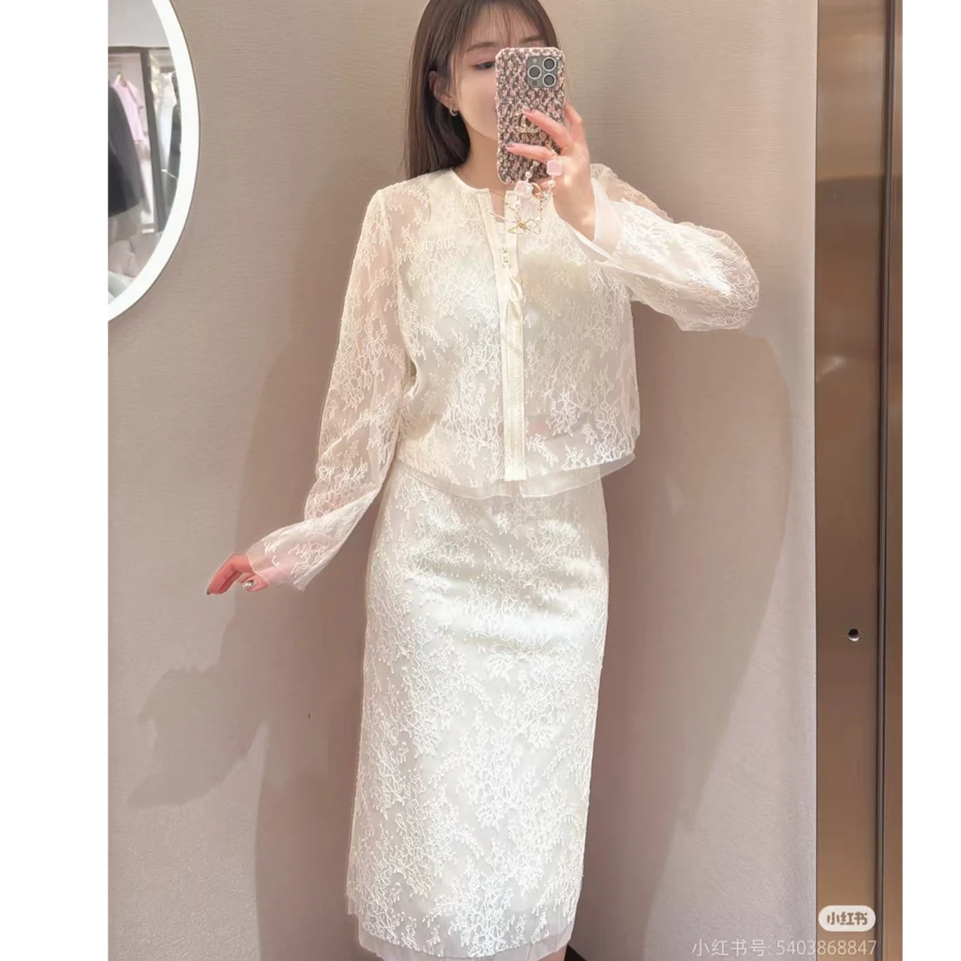 小香风千金套装2025春季新款绝美蕾丝防晒服外套上衣半身裙两件套
