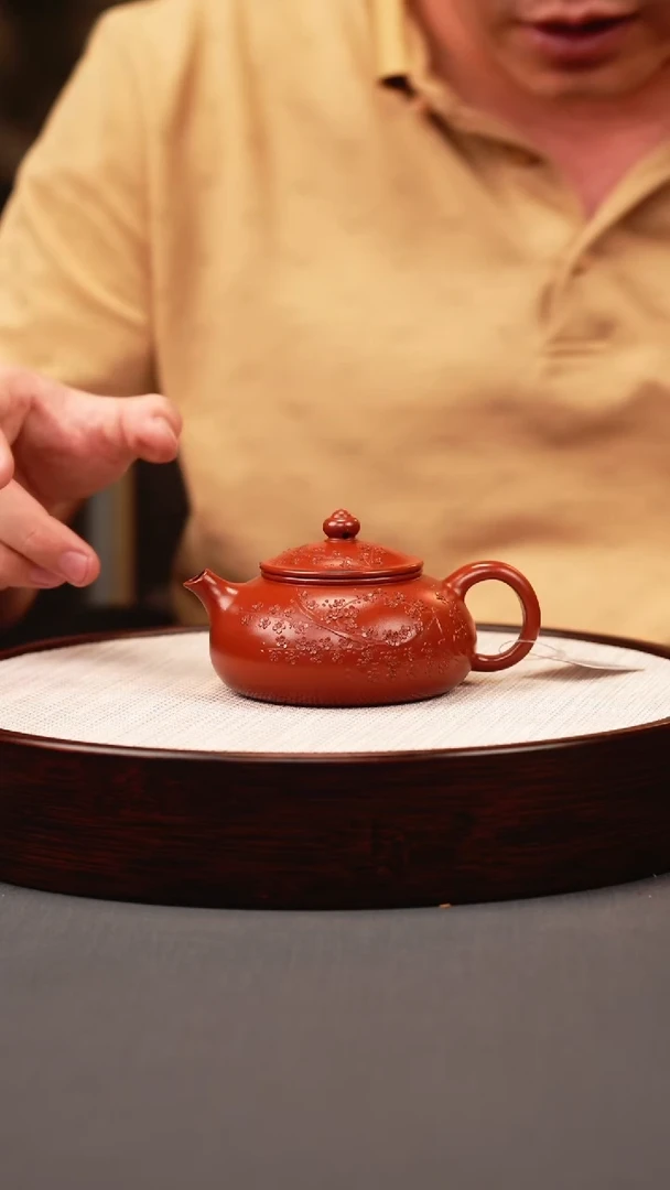茶壶紫砂红皮龙 寒江 堆梅