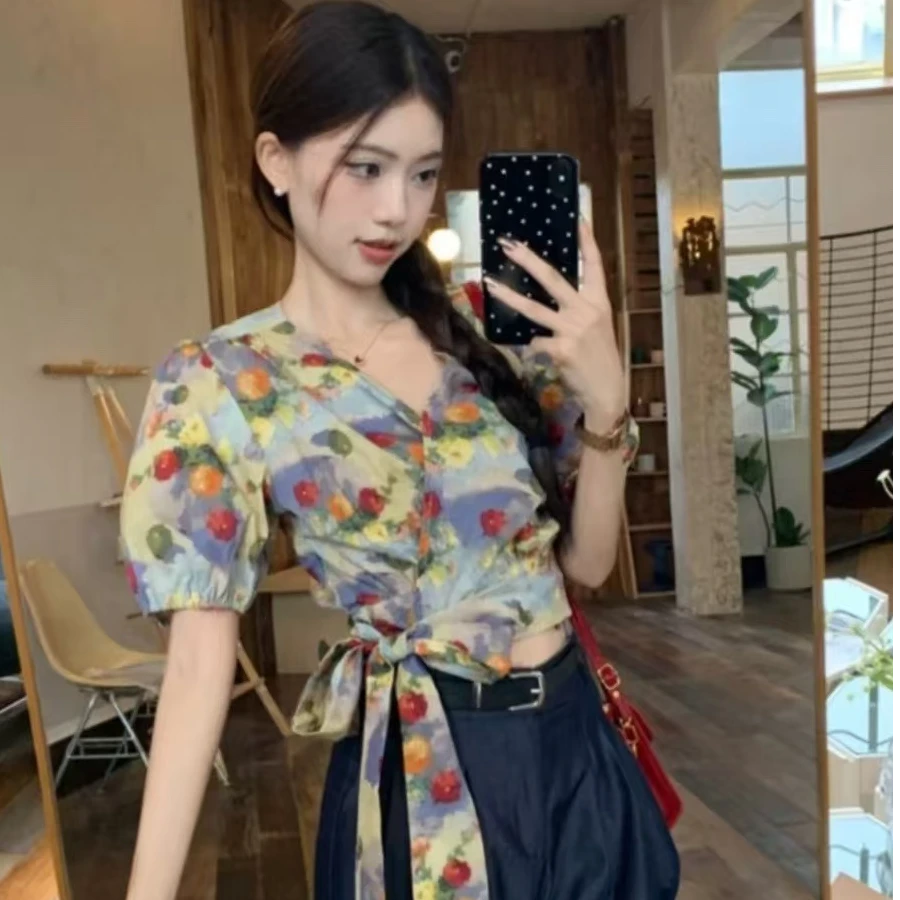 港风复古辣妹穿搭套装女春季2025新款印花绑带短袖衬衫