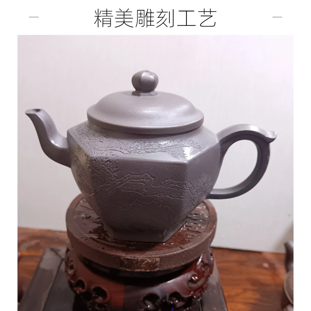 宜兴原矿天青泥柴烧手工300cc筋纹六方宫灯精品水平壶紫砂壶