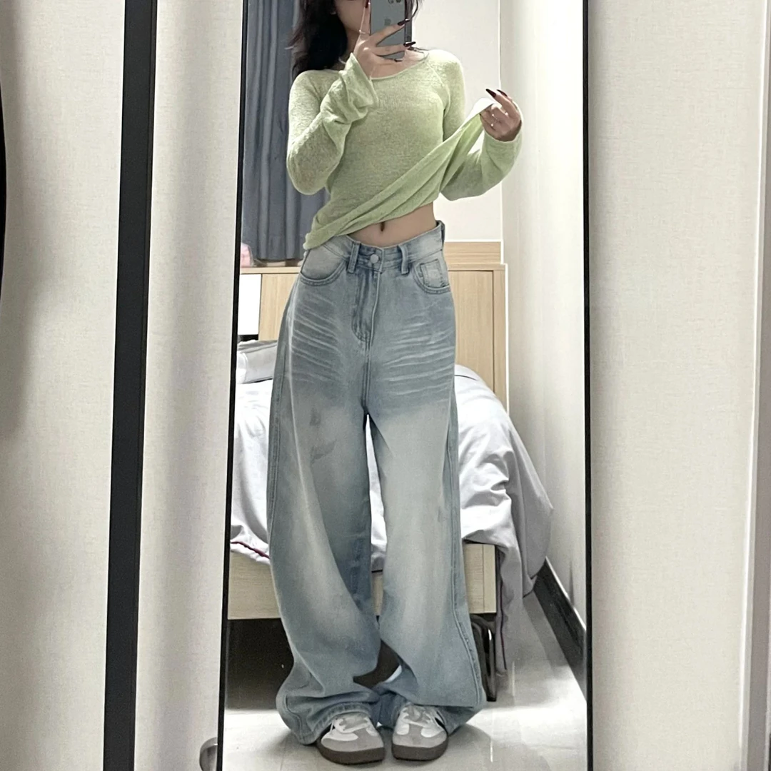 休闲阔腿牛仔裤女2025春季新款辣妹高腰复古宽松垂感拖地直筒裤子