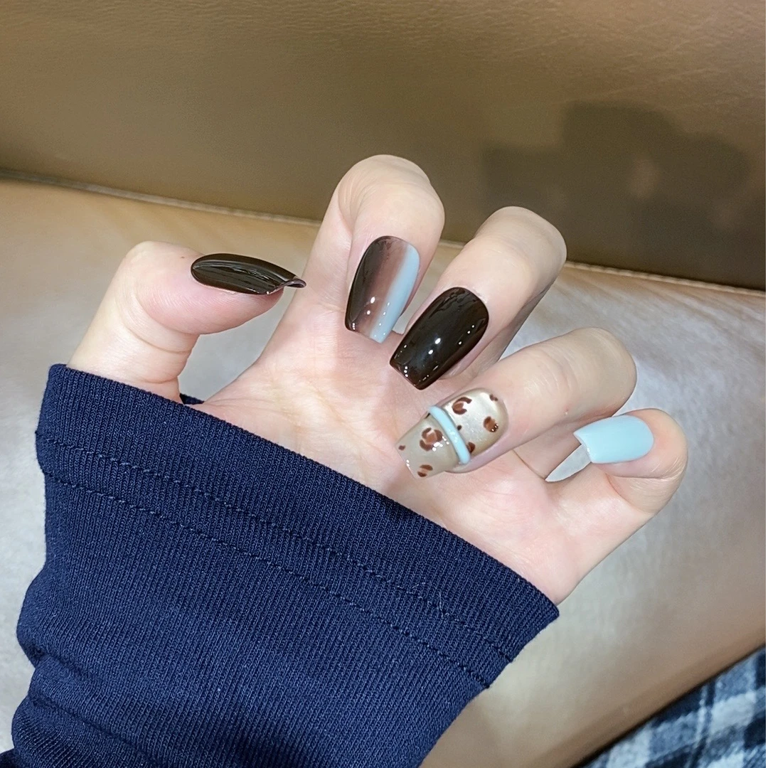 JDD【棕蓝撞色】高级氛围感新款显白 猫眼纯手工美甲穿戴甲片 短款