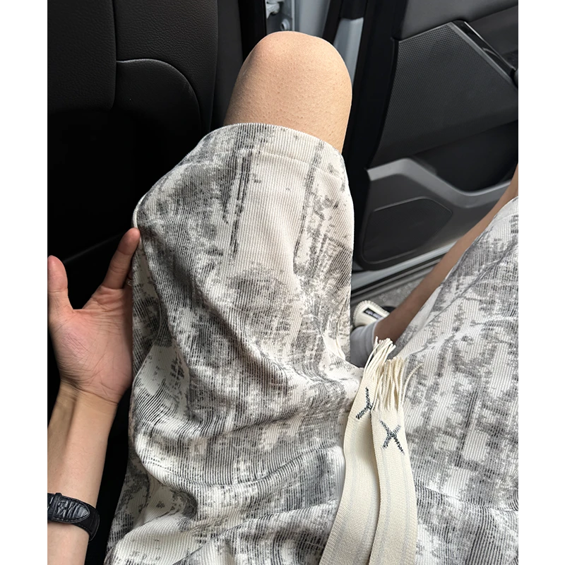 白色扎染脏脏短裤男款夏季薄款直筒宽松裤子垂感五分休闲运动中裤