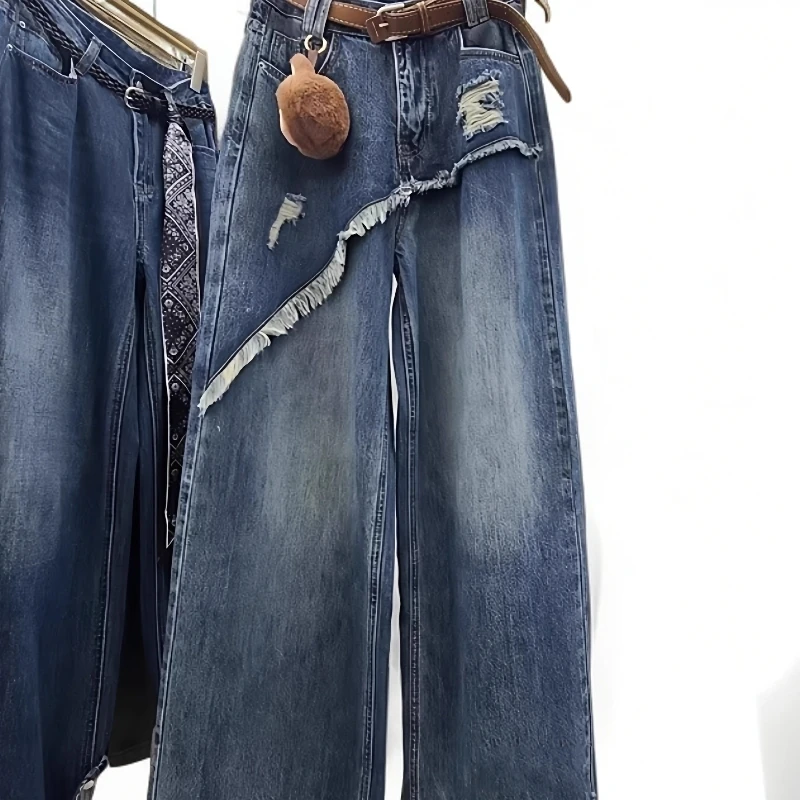 假两件牛仔裤女设计感2025秋季新款显瘦毛边宽松阔腿高腰阔腿裤