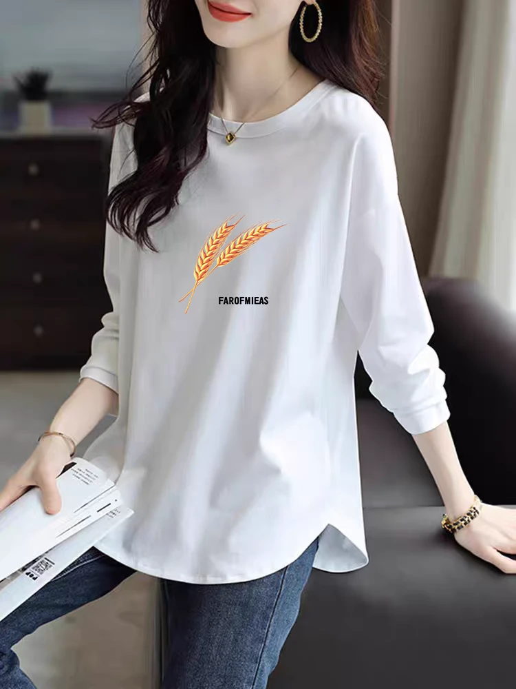 棉质白色长袖t恤女2025春秋季新款中长设计感宽松加绒内搭打底衫