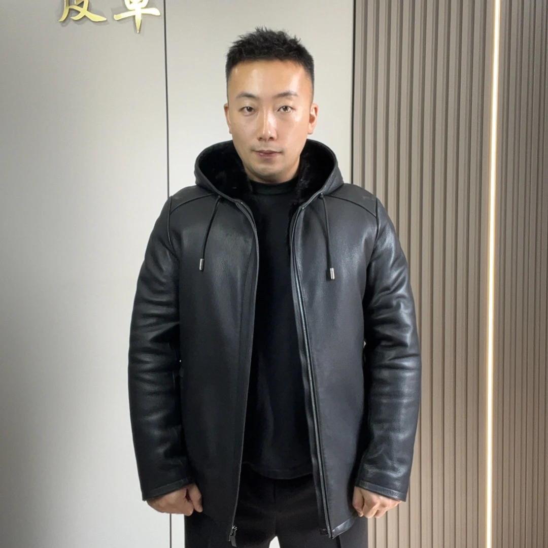 山羊皮水貂皮貂一体大衣（连帽款）男士高端真皮皮草