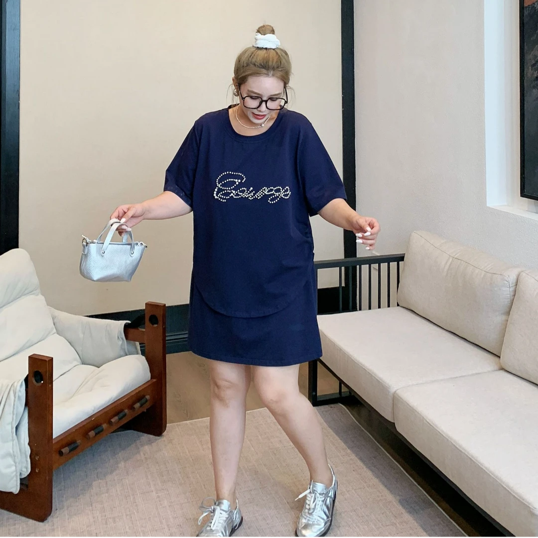 媛子大码重工钉珠时尚套装短裙设计师夏季新款宽松显瘦洋气减龄