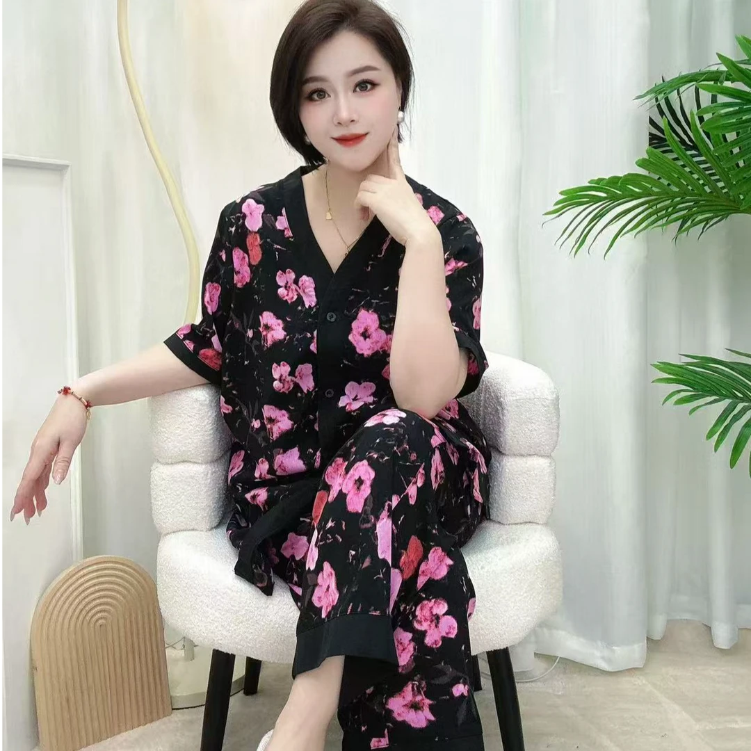 初初家夏季新款宽松短袖长裤加大码花卉系列家居服套装可外穿睡衣