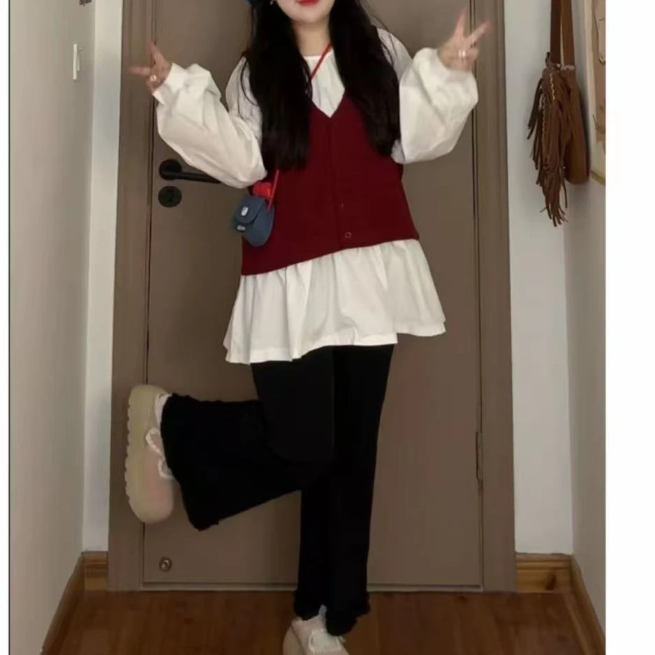 早秋大码INS风时尚套装针织背心减龄上衣两件+微喇裤三件套