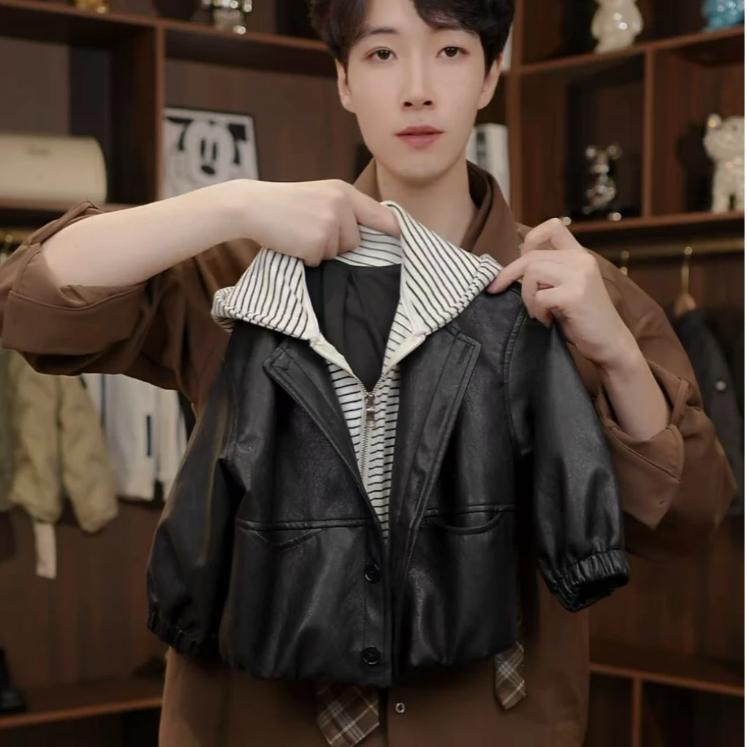 【现货】2025新款男女童秋季新款条纹假两件皮衣洋气时尚百搭外套