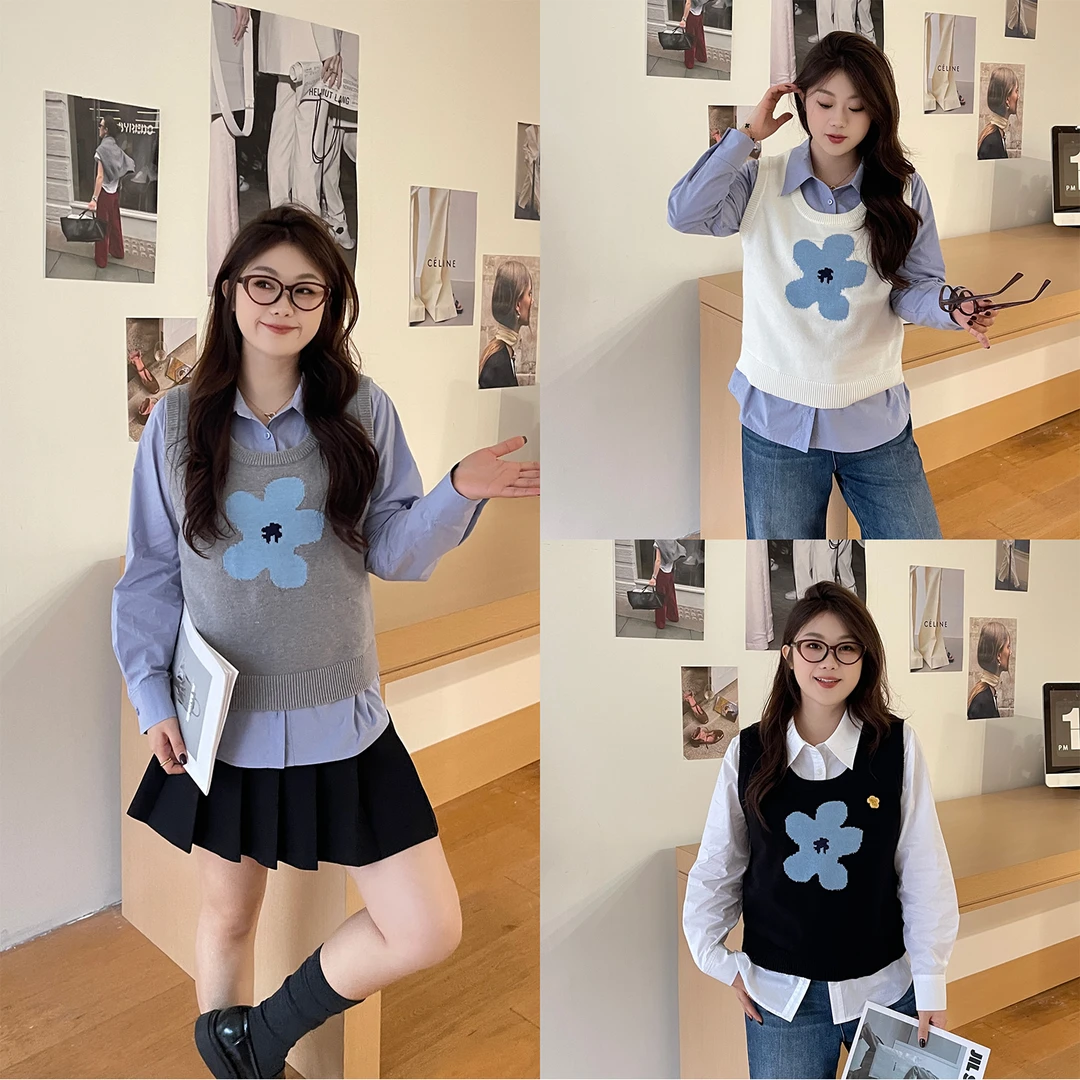 裂渡宣宣【一朵小花】微胖大码女秋时尚百搭花朵毛织背心ZY507A15