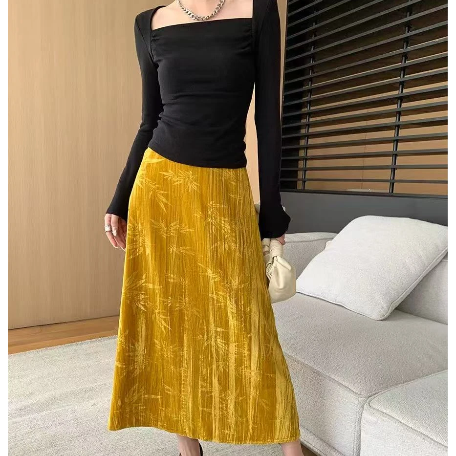 国风高腰显瘦显高遮肉提花古风长裙