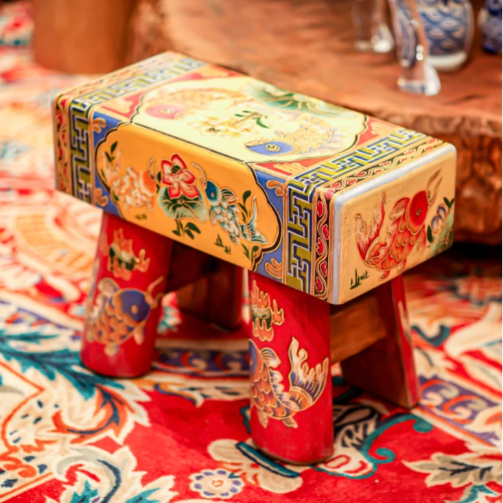 【本尼家】新中式古典松木家具手工彩绘画 实木凳换鞋凳床尾凳