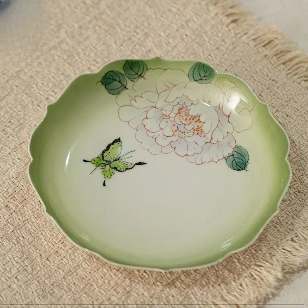 【小璟鹅】凝绿-蝶戏牡丹-花边壶承 中式手工手绘陶瓷干泡盘 14.7cm