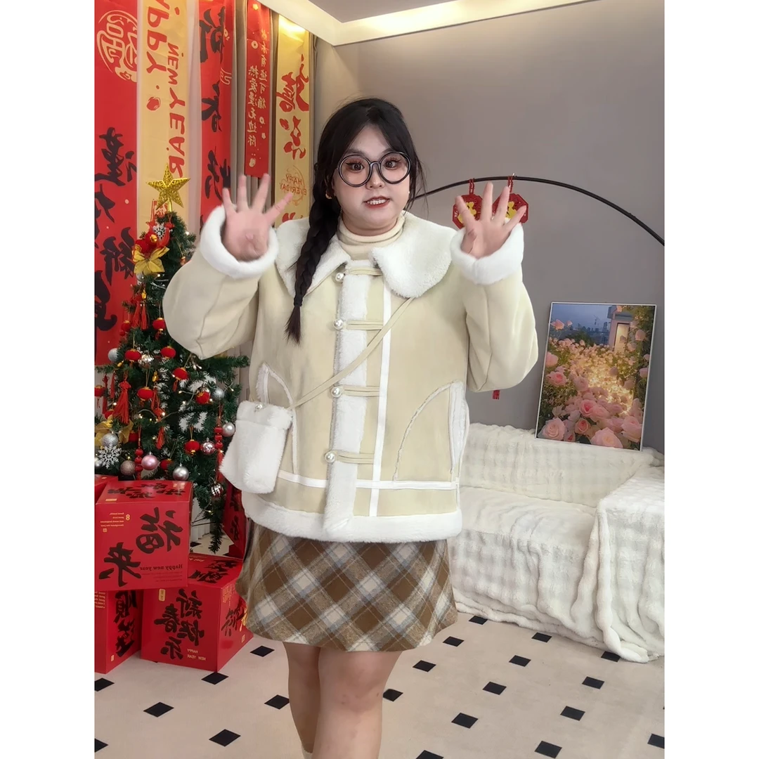 【霏霏推荐】秋冬大码女装200斤胖mm大翻领毛感外套-L326