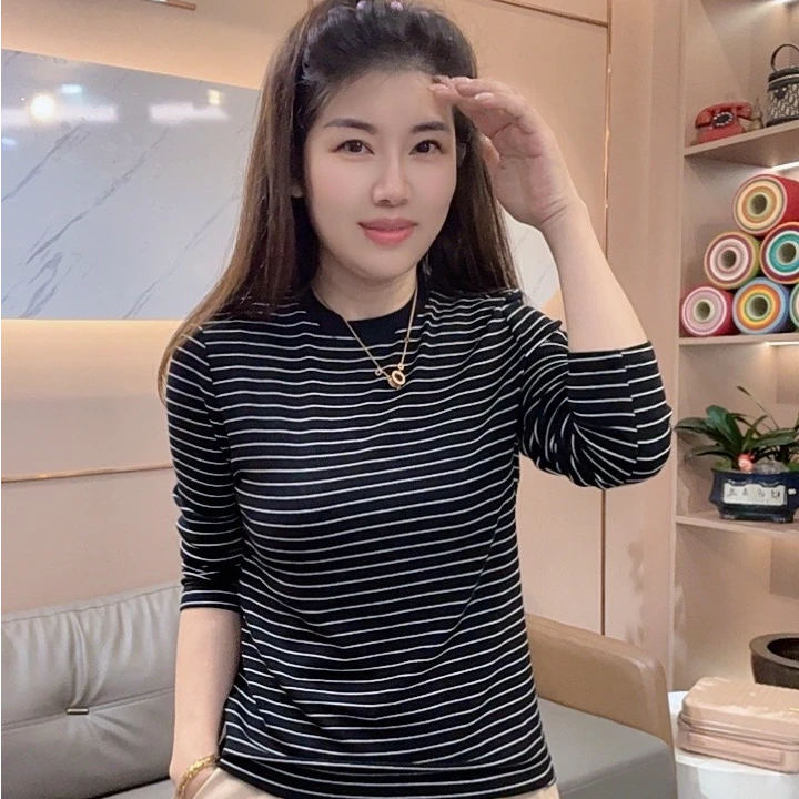 怡特美【条纹控】秋季时尚百搭显瘦圆领套头条纹长袖棉T恤256612