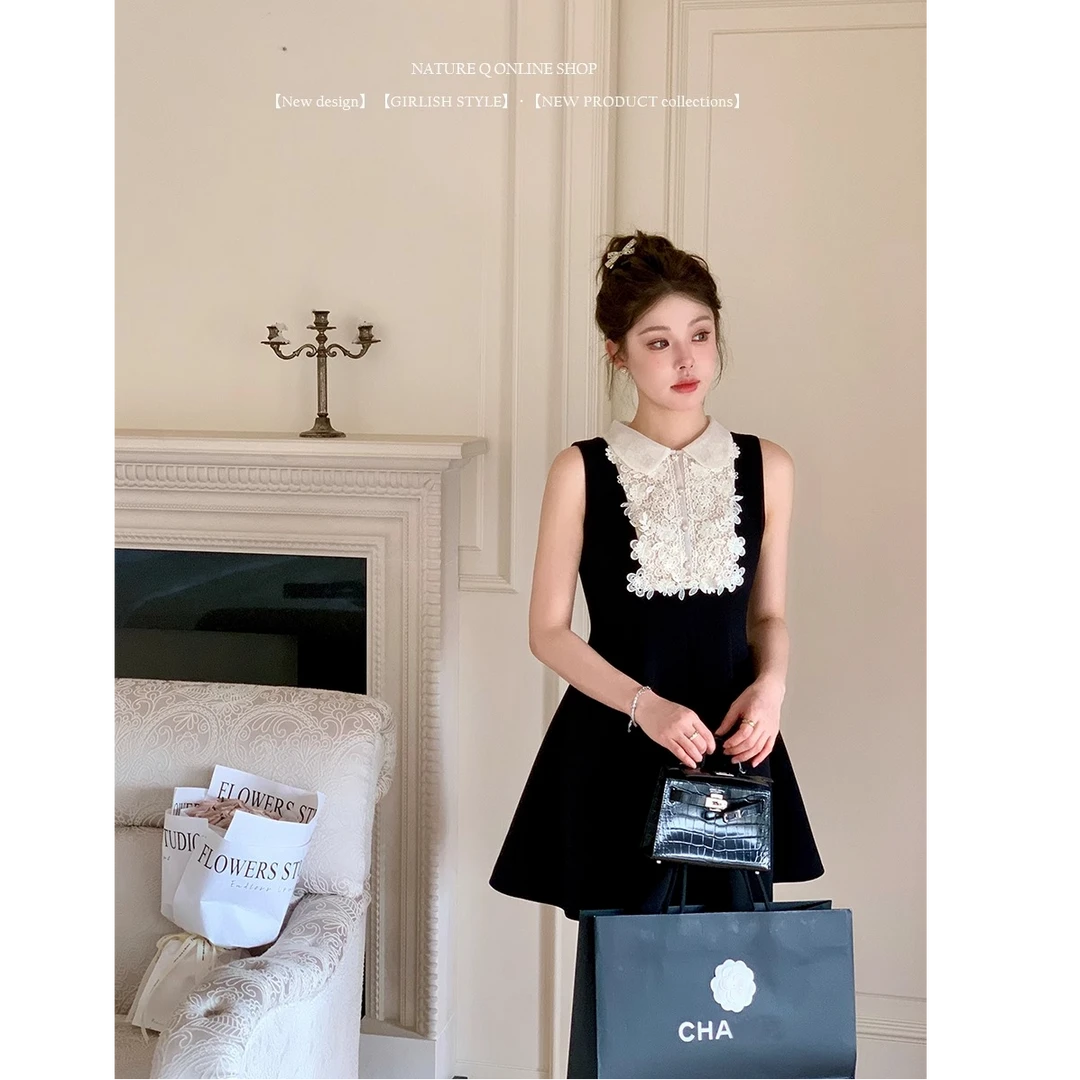 时尚蕾丝拼接连衣裙女夏季新款气质修身A字短裙千金名媛收腰裙子