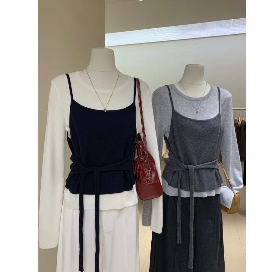 韩版秋装巨显瘦绑带收腰时髦假两件撞色针织衫女短款修身小众长袖