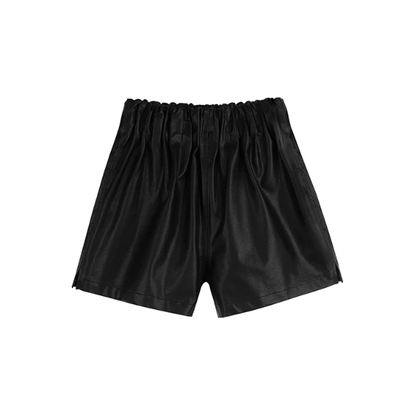 【墨屿】皮裤显瘦短裤微胖高腰时尚百搭女生黑色阔腿宽松松紧腰8531