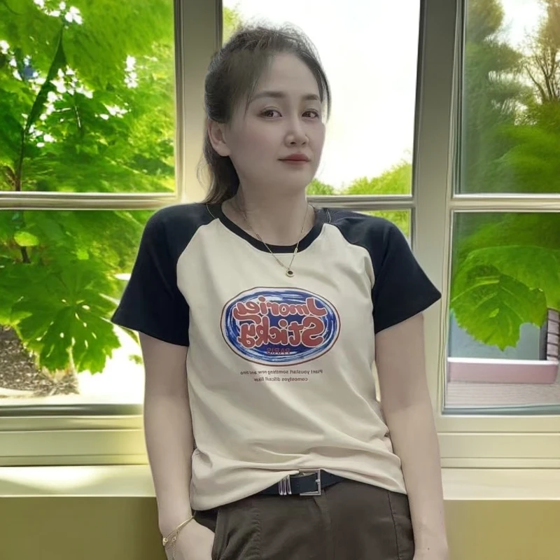 《丽丽家》欧货撞色印花短袖t恤女夏季2025新款宽松显瘦时尚上衣女