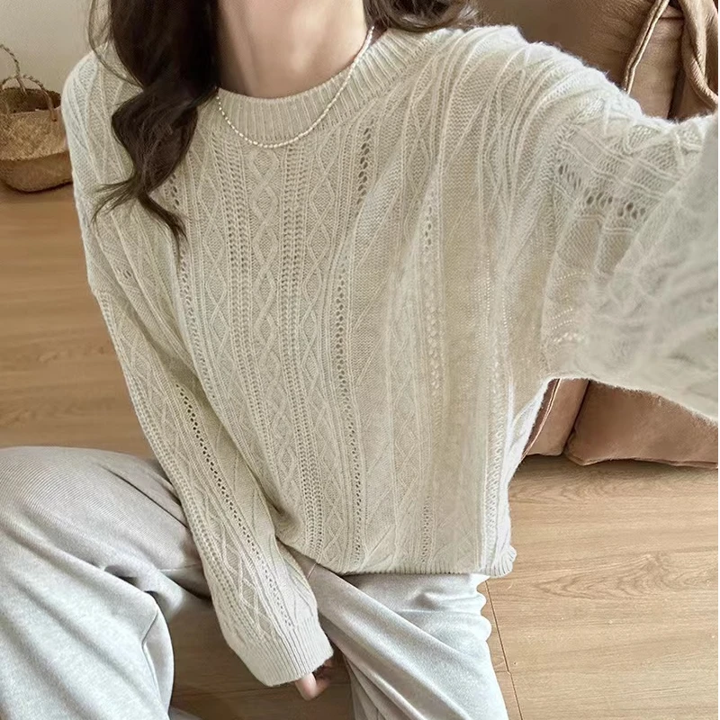 【U.M】你好旧时光秋季百搭休闲显瘦气质提花长袖宽松圆领毛衣