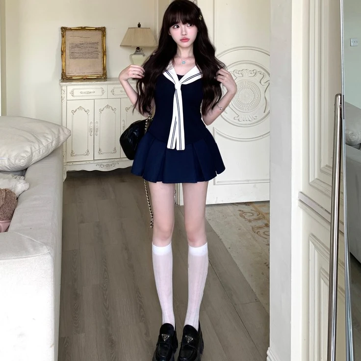 辣妹设计感半身裙两件套女气质海军领修身披肩短袖长袖藏青色短裙