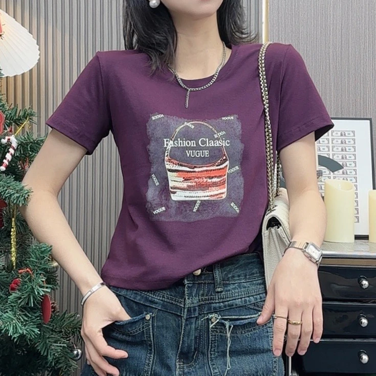 设计袋百搭显瘦正肩T恤别致圆领短袖t恤女夏季时尚设计女式