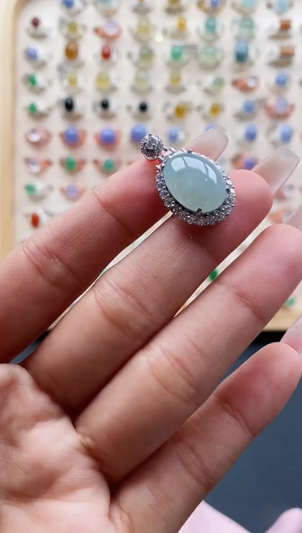 【闪购商品】翡翠颈饰银S925镶嵌缅甸天然A货翡翠333 6+7