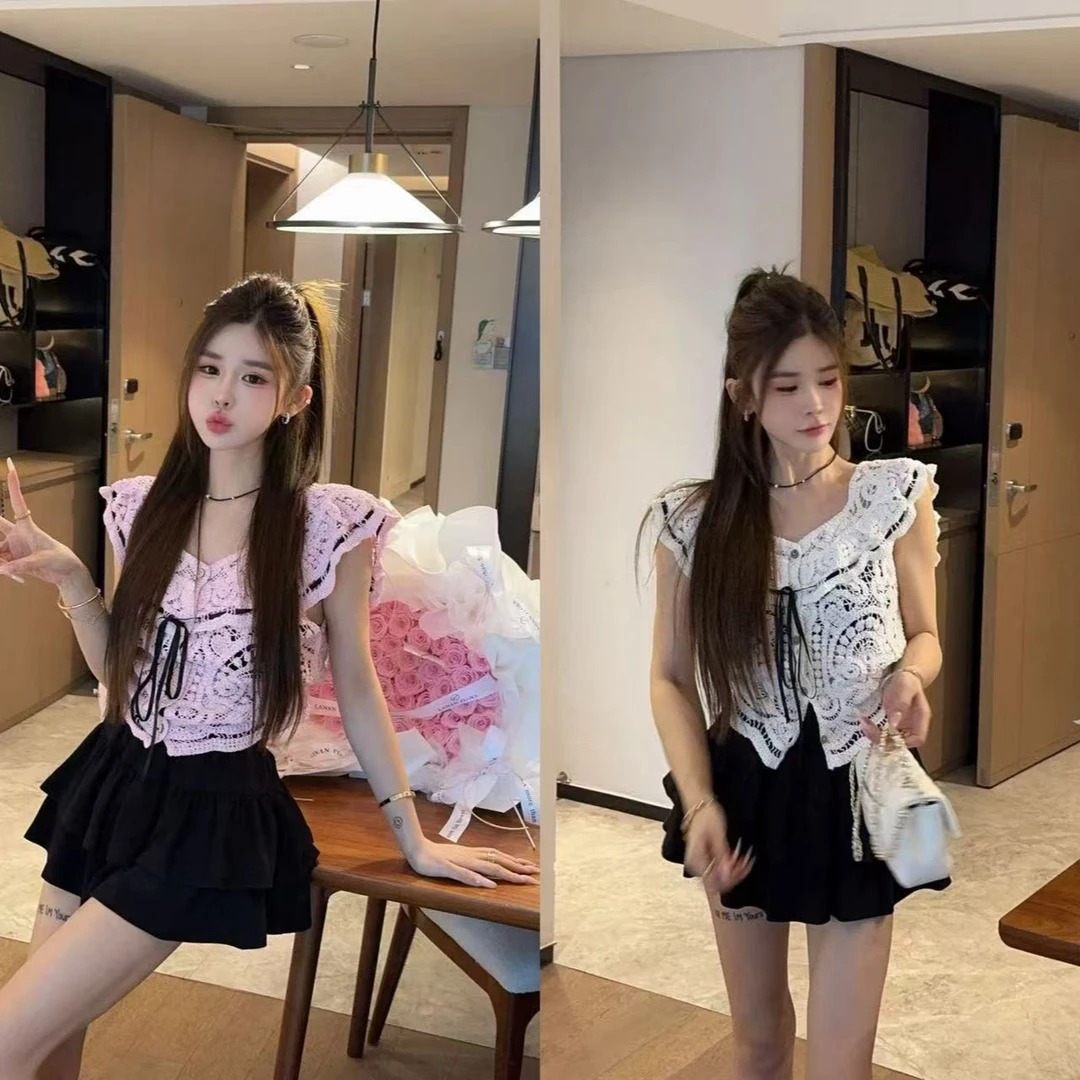 米娜家【美貌设定】泡菜订制荷叶领镂空针织背心