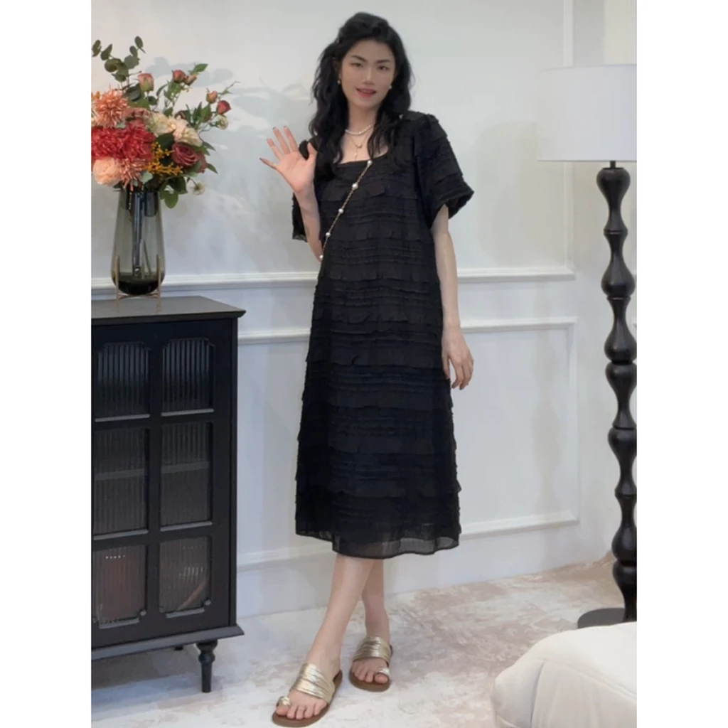 法式方领肌理感连衣裙女春夏木耳边小众设计显瘦气质裙子女LY