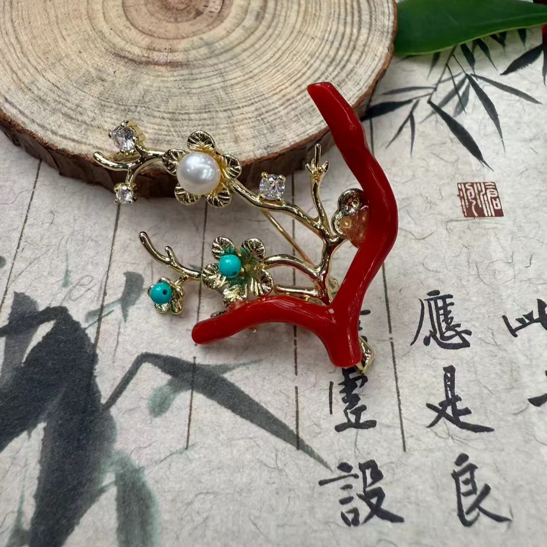 【中展红珊瑚】天然红珊瑚胸针 多样性发一
