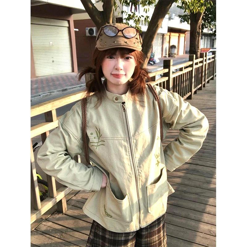 日系复古工装夹克女秋季印花拉链开衫外套overzize宽松休闲上衣潮