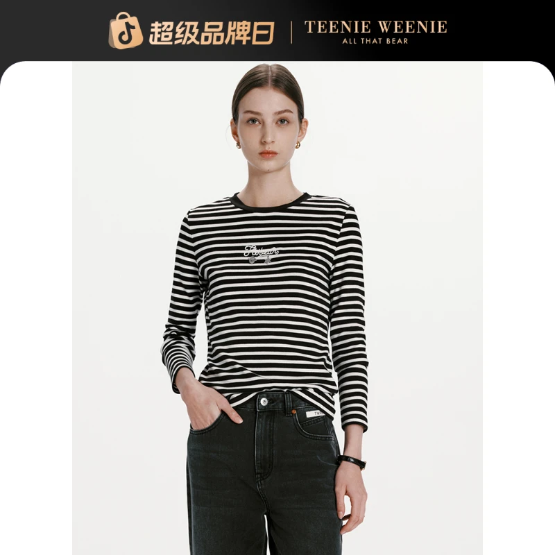 TeenieWeenie小熊女装长袖2024早春休闲条纹打底衫女TTLA245203R