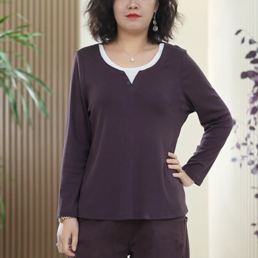 莱赛尔天丝棉假两件T恤时尚大码高弹力慵懒感舒适秋季新款上衣女