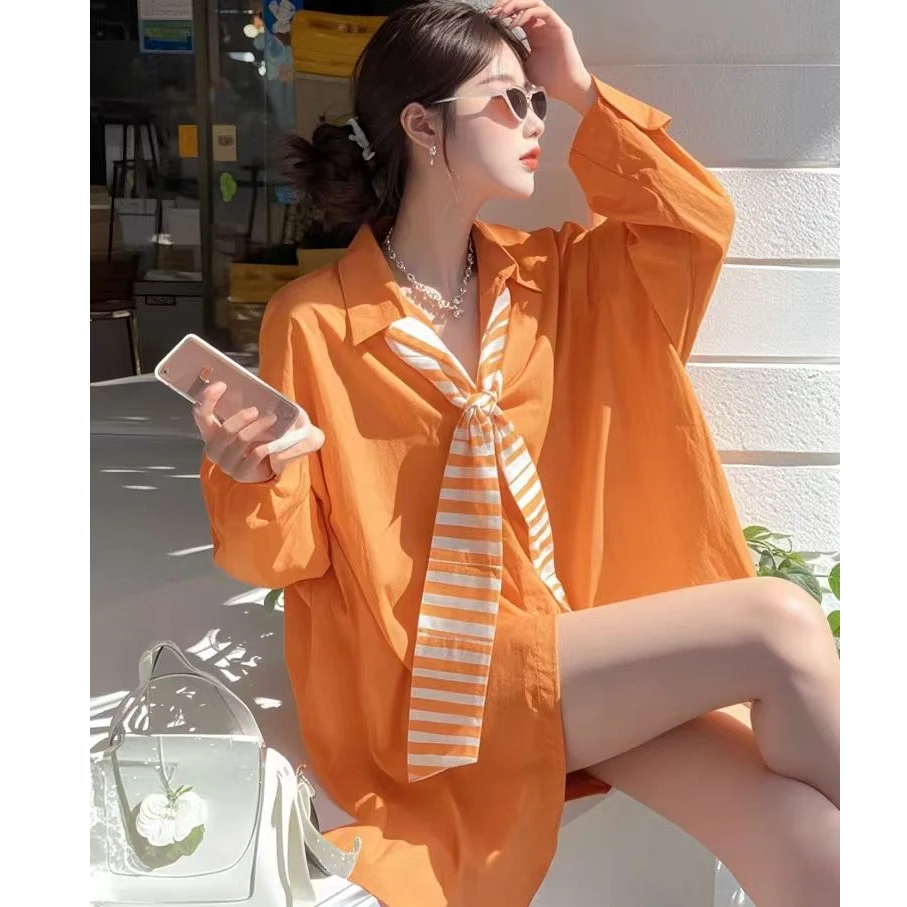 韩系慵懒橙色防晒衬衫2025年新款小衫设计感欧货爆款酷飒拽姐上衣
