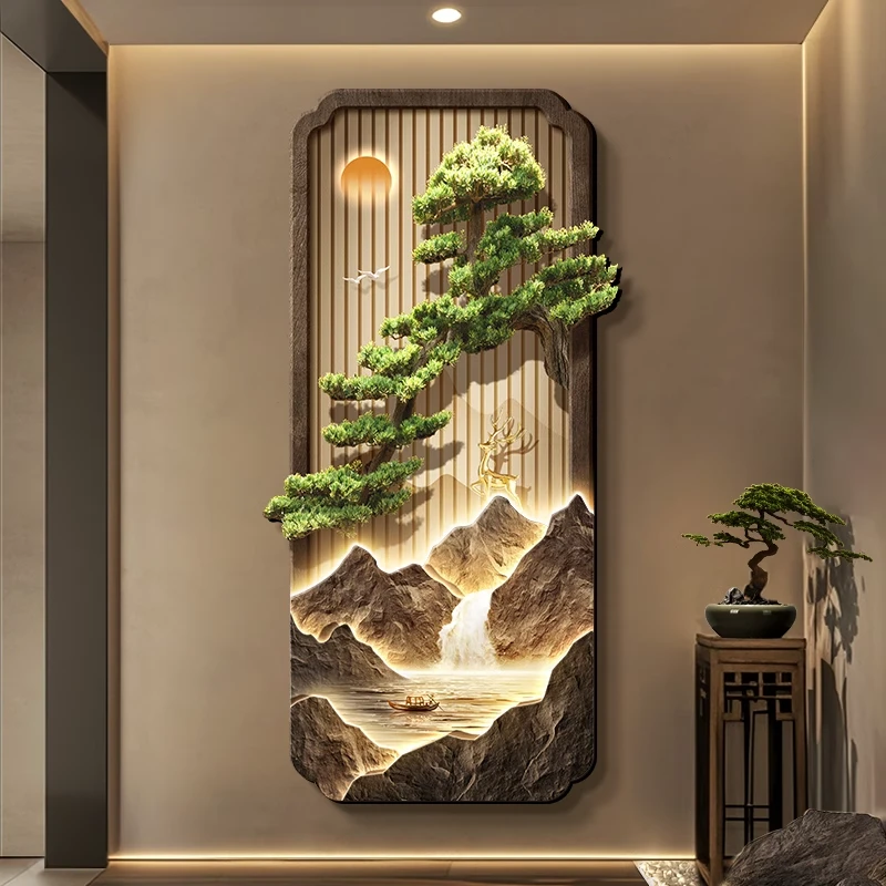 流水生财新中式玄关客厅挂画迎客松山水画入户走廊玄关装饰画