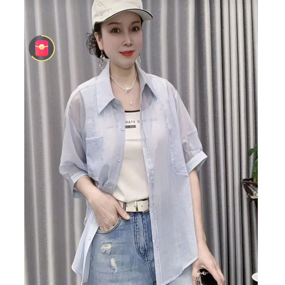 【懂你吴姐】619新款旁边褶皱短袖中长款衬衫