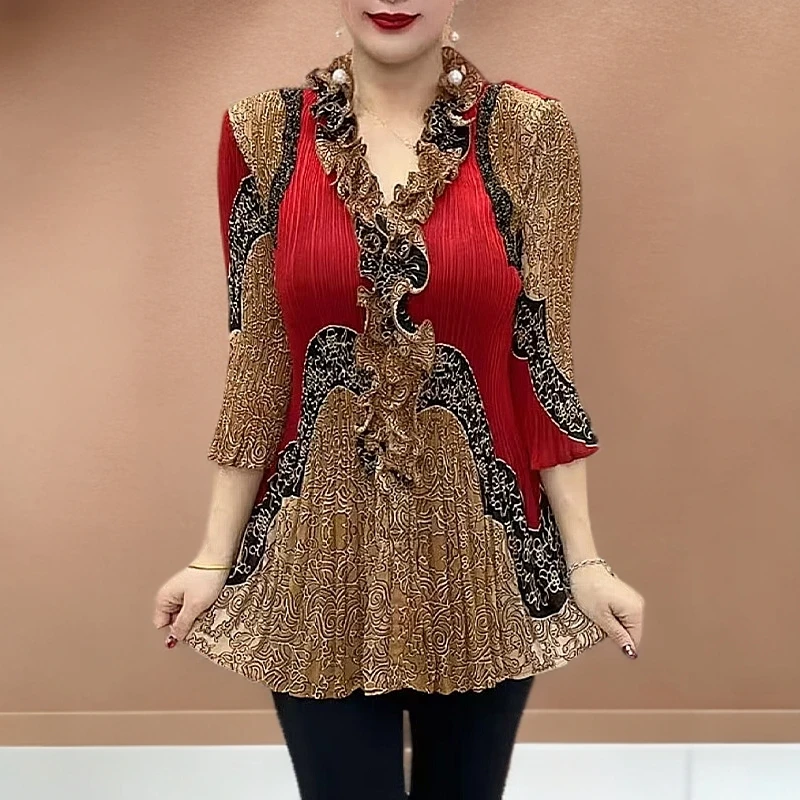 中年妈妈高档时尚大版衫2025春夏新款弹力花色小衫休闲百搭上衣女