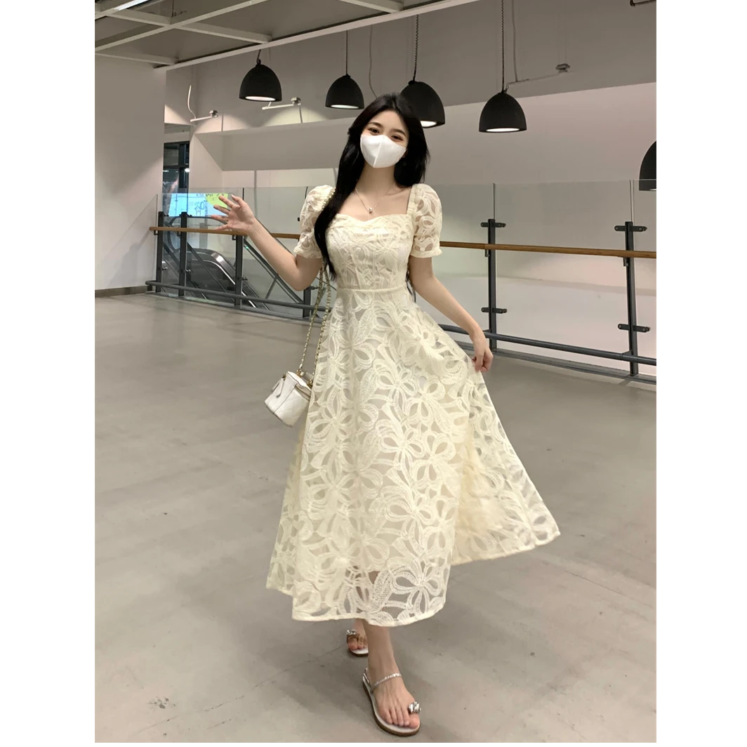 大码夏季法式茶歇显瘦长裙温柔风新款方领气质蕾丝连衣裙951