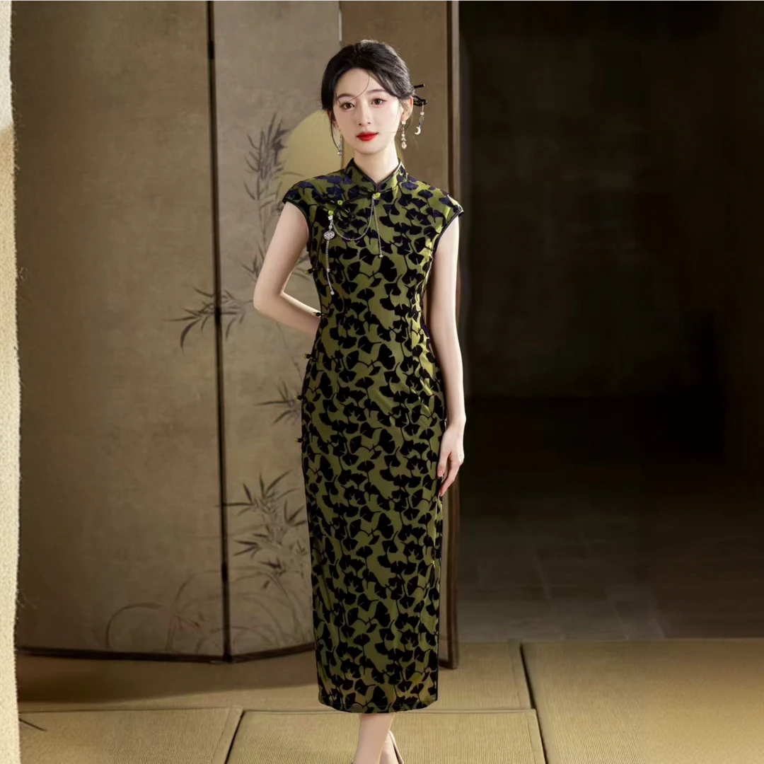 老上海复古气质网纱旗袍修身显瘦改良旗袍春夏优雅中长款绿色